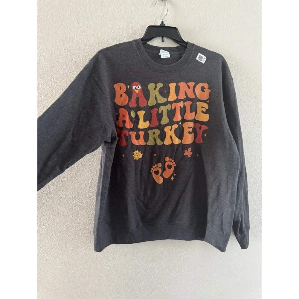 Baking a Little Turkey Thanksgiving Pregnancy Announcement Sweatshirt gray XL